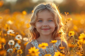 Fototapeta premium A young girl with fair hair and blue eyes surrounded by bright sunflowers in a field during golden hour