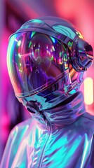 Futuristic cyborg and mechanical capybara, shiny clear helmets in a sci-fi, iridescent holographic world