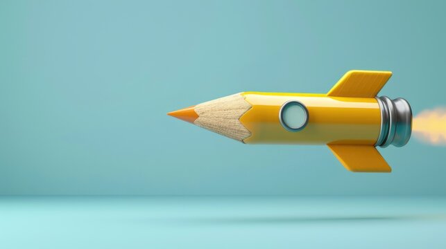 Closeup yellow rocket pencil with rocket elements on the bottom part and pencil element on top part fly up