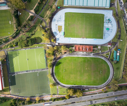 Aerial view of diverse sports fields and facilities