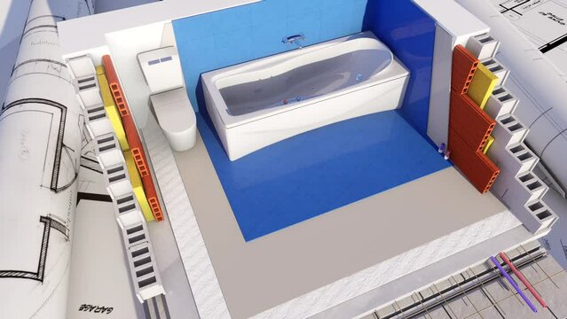 Technical details of a bathroom construction, 3D animation of the technical details of a bathroom construction in an architecture project
