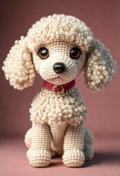 Little cute poodle dog handmade toy on simple pink background. Amigurumi toy making, knitting, hobby