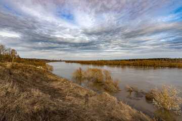 early spring flood, high water in the countryside, river overflowing its banks, trees in the water,...