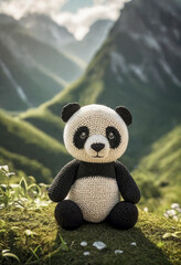 Little cute panda handmade toy on beautiful summer landscape background. Amigurumi toy making,...