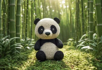  Little cute panda handmade toy on beautiful bamboo forest background. Amigurumi toy making, knitting, hobby © Павел Абрамов