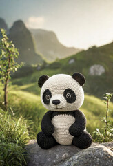 Little cute panda handmade toy on beautiful summer landscape background. Amigurumi toy making, knitting, hobby