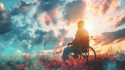 Obraz premium A serene scene of a man in a wheelchair amidst a blooming field, gazing at a vibrant sunset. 