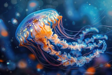 A jellyfish overlaid with underwater bioluminescent organisms in a double exposure
