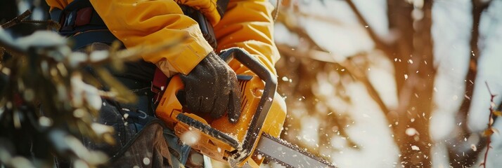 Precision Cutting, Close-Up of Construction Worker Operating Portable Gasoline Chainsaw to Trim Trees with Accuracy.