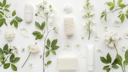 Refreshingly Organized, Spring Cleaning Essentials Arranged with Natural Floral Motif on a Clean White Background