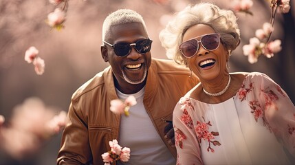Beautiful African American Happy smiling elderly couple in spring park in trendy clothes among blossoming white trees, blurred background