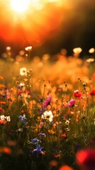 Obraz na płótnie Canvas Field Full of Flowers With Sun Background