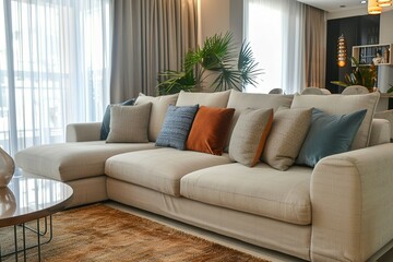 Modern living room interior with sofa, stylish home decor and modern interior background