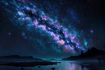 sky with stars and clouds over a lovely lake in a scenic nature landscape