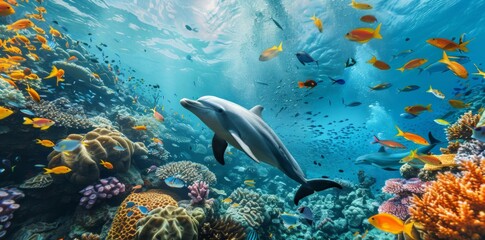 Dolphin Swimming Over Colorful Coral Reef