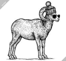 Vintage engraving isolated lamb glasses dressed fashion set illustration ram ink sketch. Farm animal sheep background mutton silhouette sunglasses hipster hat art. Hand drawn vector image