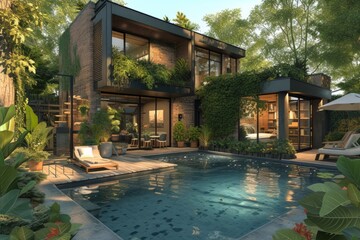 Modern House With Swimming Pool and Greenery