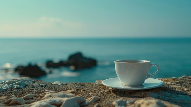 Indulge in serenity with our coastal coffee images. Immerse yourself in the morning ritual with a white espresso cup against an ocean backdrop—captured with a dreamy shallow depth of field