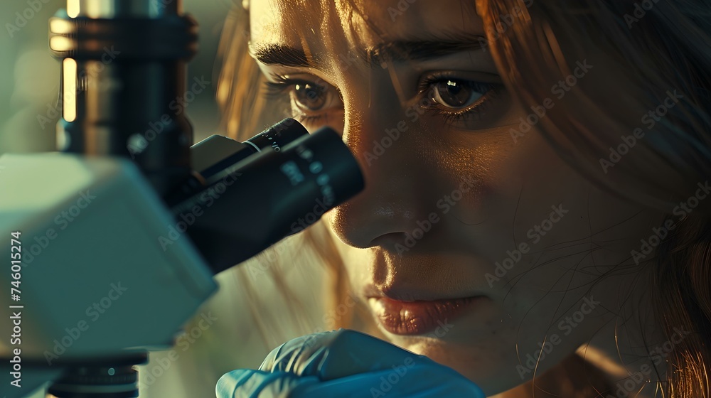 Poster focused scientist peering through microscope in laboratory setting. capturing concentration and dedi