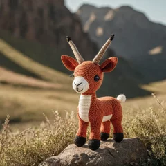 Foto op Canvas Little cute antelope handmade toy on beautiful summer landscape background. Amigurumi toy making, knitting, hobby © Павел Абрамов