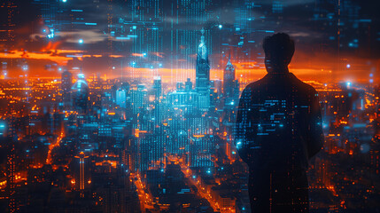 Silhouette of businessman watching at night cityscape through panoramic window with digital data
