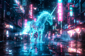 A visual feast Cyberpunk goblins and a holographic Akabeko leading a glowing unicorn through a futuristic city