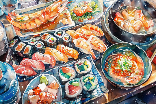 A watercolor feast of sushi and ramen celebrating Japanese cuisine in vibrant colors