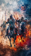 Medieval knights in a fierce battle watercolor dynamic motion and vivid colors