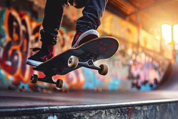 Skateboarder executing a dynamic trick in an urban skatepark graffiti art in the background - obrazy, fototapety, plakaty