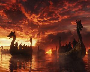 Vikings embarking at dawn dragon headed longships against a fiery sky evoking power and adventure