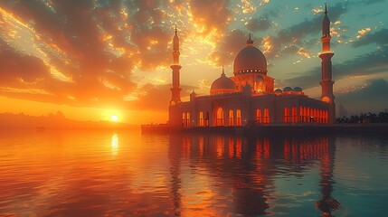 mosque with calm pool and crescent moon with blinking stars animation ramadan greeting concept - obrazy, fototapety, plakaty
