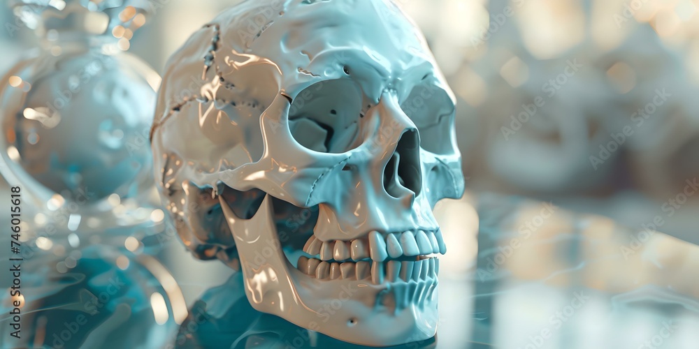 Poster artificial intelligence concept with a robotic skull in focus. futuristic design, blue hues, and sha