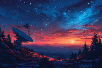 satellite dish on sunset in a fantasy setting