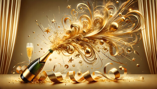 Bouteille de champagne avec explosion de confettis, &eacute;toiles, serpentin, id&eacute;al pour carte de v&oelig;ux, invitation a un &eacute;v&egrave;nements, ou arri&egrave;re-plan festif