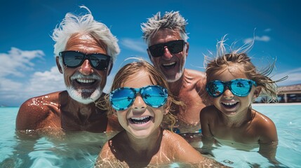 Joyful and beautiful older fathers or grandfathers with their little Children enjoying a swim in a hotel pool during a delightful vacation. Father and daughters or grandfathers and granddaughters