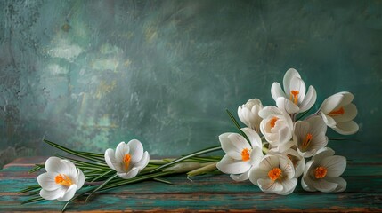 White crocuses in springtime on a green wooden table