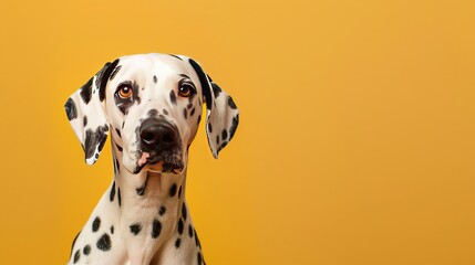 Dalmatian dog in a studio headshot, facing forward against a yellow backdrop