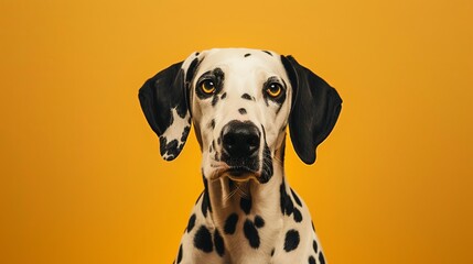 Dalmatian dog in a studio headshot, facing forward against a yellow backdrop