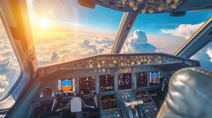 Embark on a journey from the pilot's seat! Explore our stock images capturing the airplane interior and cockpit view. Experience the thrill of flight with a unique perspective from the cockpit - obrazy, fototapety, plakaty