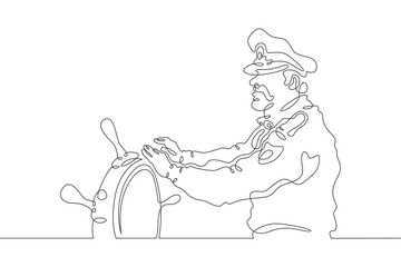 The ship's captain is at the helm. An officer controls a sea vessel. A bearded sailor in a uniform and cap. One continuous line . Line art. Minimal single line.White background. One line drawing.