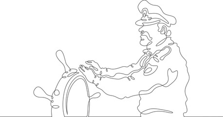 The ship's captain is at the helm. An officer controls a sea vessel. A bearded sailor in a uniform and cap. One continuous line . Line art. Minimal single line.White background. One line drawing.