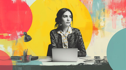 Creative photo collage of overworked woman in office with laptop. Colorful Abstract background. Contemporary art wallpaper, banner. Time management concept.