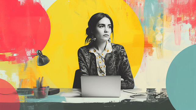 Creative photo collage of overworked woman in office with laptop. Colorful Abstract background. Contemporary art wallpaper, banner. Time management concept.