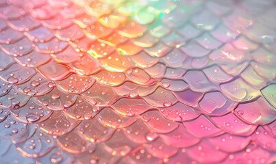 Fondo textura de tela metalica iridescente con forma de escamas de pez color rosa pastel, mojada con gotas de agua - obrazy, fototapety, plakaty
