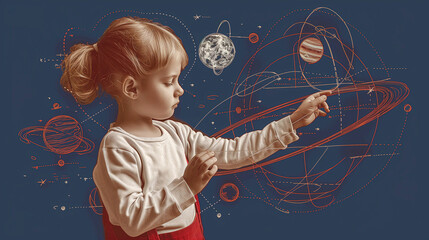Curious girl is fantasizing about space and imagines it in her head playing with imaginary planets. Creative advertising about science for kids.