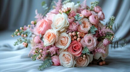 Obraz premium Beautiful flowers on a delicate background with copy space. Romantic background. Wedding invitation. Valentine's Day. Birthday. International Women's Day, Mother's Day concept.