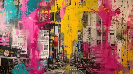 Generative AI, grunge pink and yellow collage poster with asian cityscape, anime style, different mixed textures