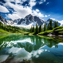 Enthralling Beauty of Pristine Snow-Capped Peaks and Dense Forests Reflected in the Serenity of a Lake