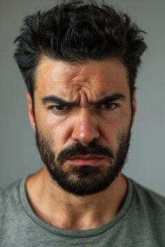 Angry serious hispanic man looking at the camera on gray background headshot mugshot