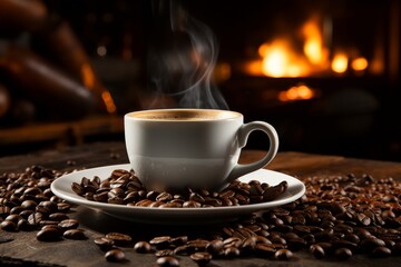 Aromatic coffee in mug with beans on rustic wooden table.